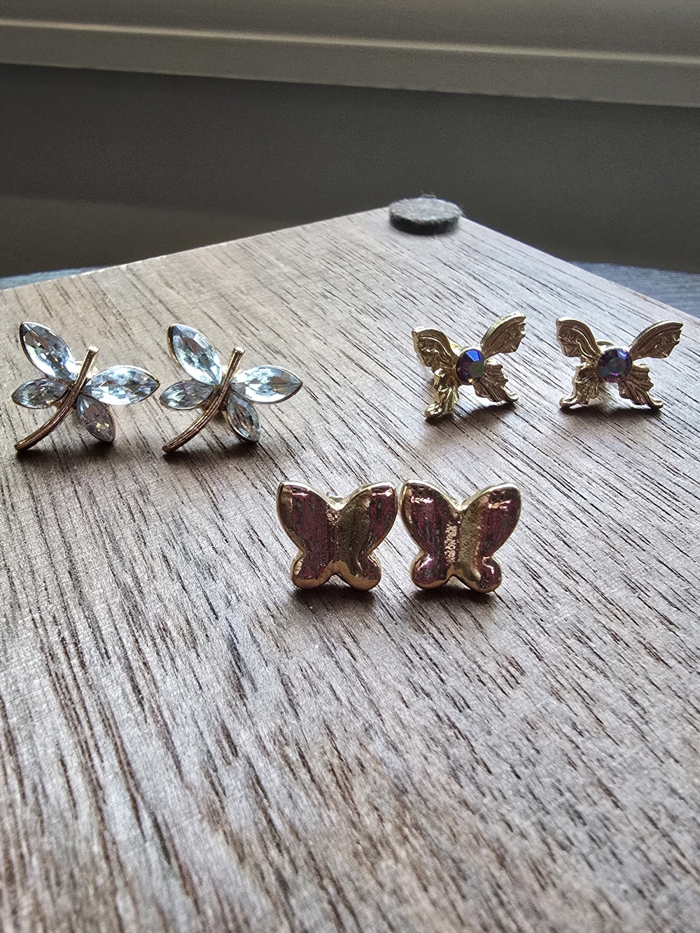 Gold Tone Pink Butterfly Stud Earrings - Set of 3